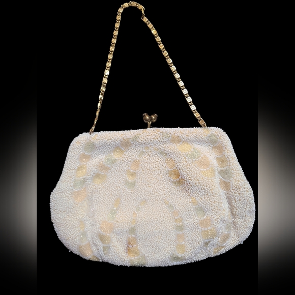 Vintage Cream Beaded Clutch with Gold Chain - Picture 2 of 5